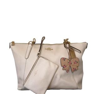 Coach Zip Top Women's Tote, Work, Travel Bag, Large - Gold White "Chalk" + More